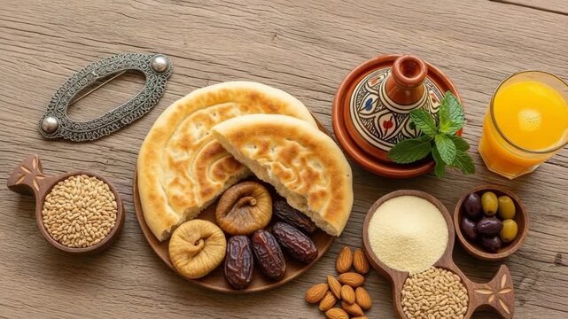 Yennayer celebration symbols displayed on rustic wooden table with traditional food and drinks