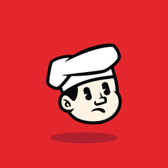 Cartoon face of an angry boy wearing a white chef hat with a furious expression. Bold vector mascot design on red background. Perfect for restaurant logo or character branding