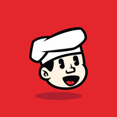 Cartoon face of an angry boy wearing a white chef hat with a furious expression. Bold vector mascot design on red background. Perfect for restaurant logo or character branding