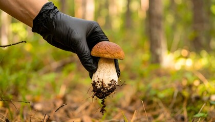 Hand in black glove holding a mushroom in a forest