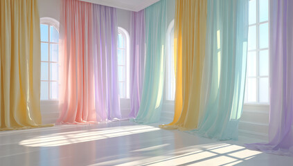 Colorful pastel curtains in bright room create serene atmosphere with sunlight casting soft shadows