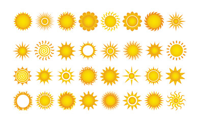 Unique Sun Illustrations. Sun icon set. Yellow sun star icons collection. Summer, sunlight, nature, sky. Vector Design Collection. Vector illustration isolated on white background