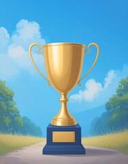 Golden trophy on a road, sunny landscape