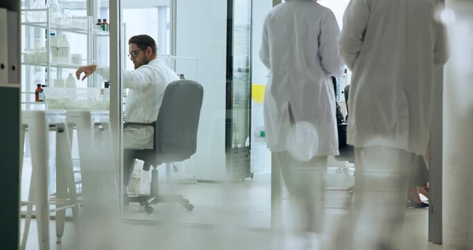 Medical, walking or people in lab with teamwork, research or trial for pharmaceutical development. Collaboration, healthcare or scientists in clinic with coworking, advice and aid for study results.