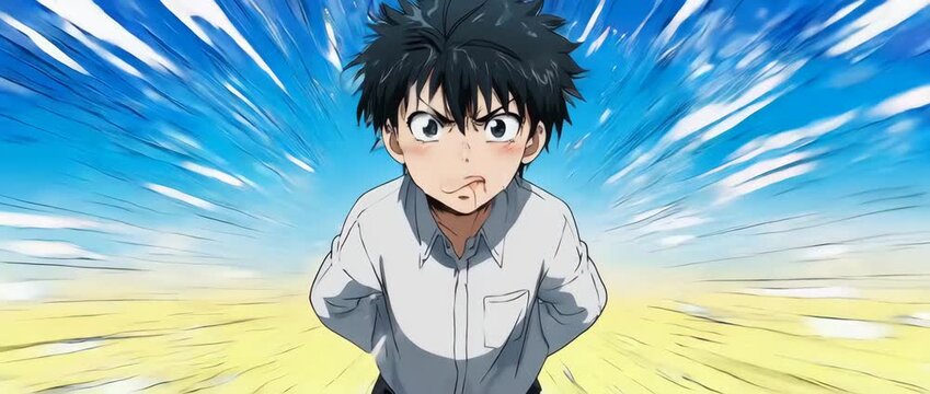 comedic and chaotic close-up of a flustered anime boy in a panic. His wide, darting eyes and red face create a hilarious sense of being overwhelmed or embarrassed.