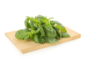 Wooden board with basil on white background