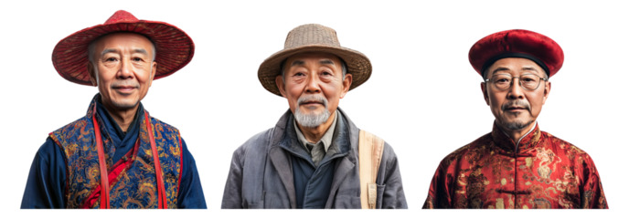Three Distinct Elderly Men in Traditional Cultural Attire Portraits Isolated Transparent Background