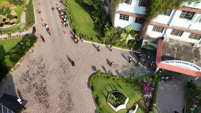 Drone footage showing students walking inside school entrance &ndash; Police DAV Public School, Jalandhar, Punjab, India &ndash; Oct 15th, 2025