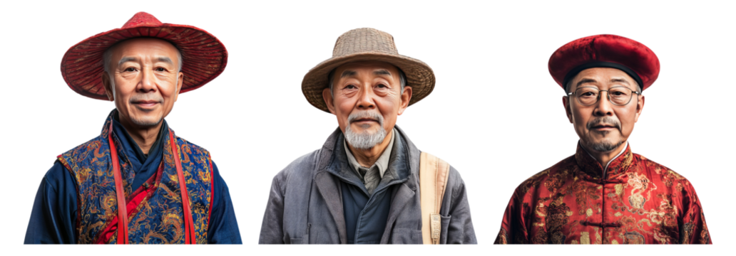 Three Distinct Elderly Men in Traditional Cultural Attire Portraits Isolated Transparent Background