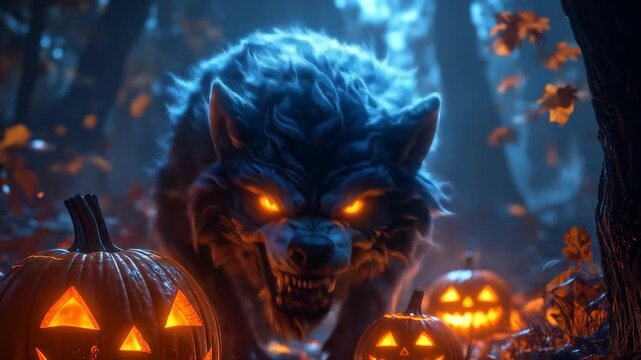 Scary werewolf with glowing eyes on Halloween night