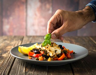 Hand placing basil on a dish of fish and vegetables