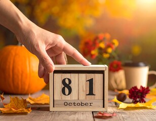 Hand touching a wooden calendar in autumn