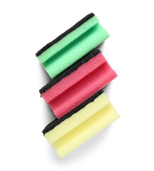 Colorful cleaning sponges on white background