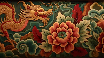 Ornate dragon and floral carving depicts auspicious traditional art.