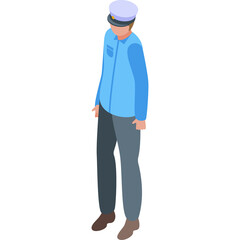 Pixel Art Isometric Delivery Person In Light Blue Uniform And Cap With Dark Gray Pants Standing Against White Background