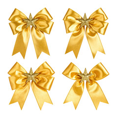 Golden Bows with Star Accent for Festive Decorations and Crafts, Isolated on Transparent Background