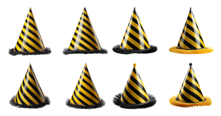 Set of Colorful Party Hats in Black and Yellow for Celebration, Bundle Set Collection, Isolated on Transparent Background