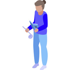 Pixel Art Person In Blue Long Sleeve Shirt And Light Blue Pants Holding A Ladle And A Book With White Background