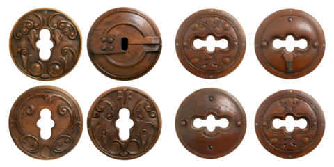 Vintage Decorative Wooden Door Handles Collection, PNG collection, set bundle, isolate on transparent or white background
