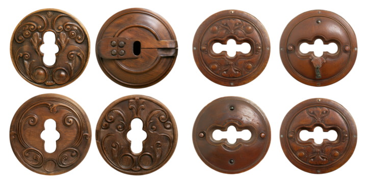 Vintage Decorative Wooden Door Handles Collection, PNG collection, set bundle, isolate on transparent or white background
