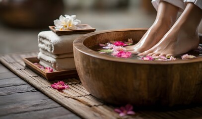 A woman's feet are soaking in a rustic wooden bowl filled with water and pink flowers, surrounded by towels, symbolizing pedicure, spa treatment, and wellness.