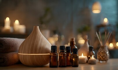 A wooden aromatherapy diffuser and essential oil bottles sit next to towels and soft candlelight in a moody, dimly lit spa environment, symbolizing wellness and relaxation.