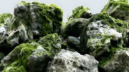 A stack of rough rocks is heavily covered in bright green moss and lichen, creating a textured, natural background, symbolizing ecology and outdoor environment.