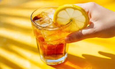 A hand places a bright yellow lemon slice onto a refreshing glass of iced tea or cola on a vibrant yellow table, symbolizing summer, refreshment, and flavor.