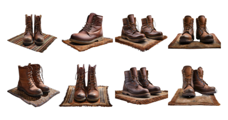 Collection of Stylish Brown Leather Boots on Textured Mats, PNG bundle collection, Isolated on Transparent Background