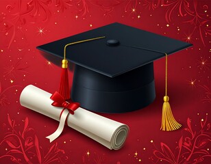 Graduation cap and diploma on red background