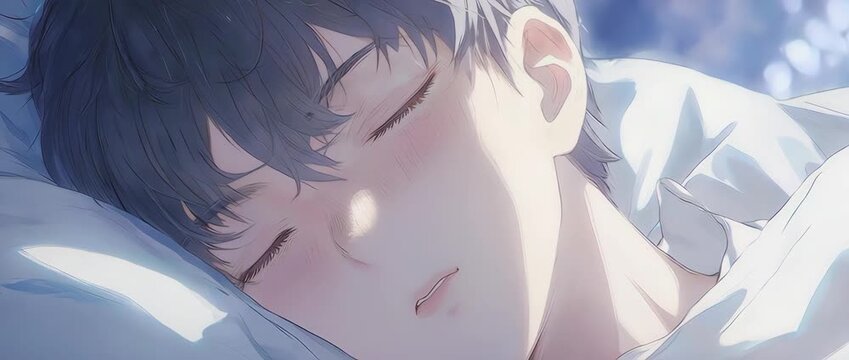 A serene extreme close-up of an anime boy sleeping peacefully. Soft moonlight highlights his relaxed features, creating a quiet, calm, and dreamlike atmosphere.