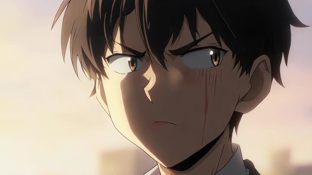 A close-up capturing a skeptical anime boy's expression. His squinted eyes and look of disbelief are perfect for depicting scrutiny, doubt, or analytical thinking. Sharp lighting.