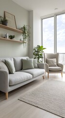 Fototapeta premium Serene Living Room with Neutral Palette, Plants, and Large Window View