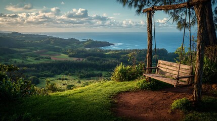 Scenic Ocean View Swing in Kauai, Hawaii at Sunset