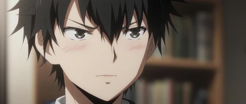 A close-up capturing a skeptical anime boy's expression. His squinted eyes and look of disbelief are perfect for depicting scrutiny, doubt, or analytical thinking. Sharp lighting.