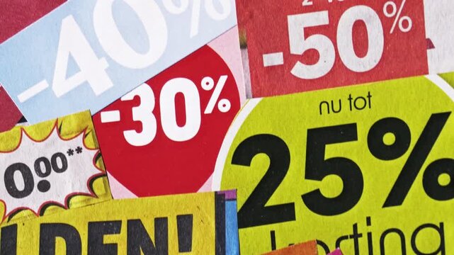 Three point tracking collage of Dutch supermarket discount cutouts: "2+2 gratis", "25% korting", "solden"