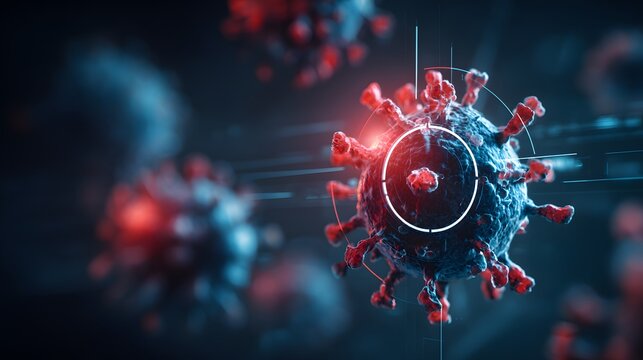 Microscopic virus particle with glowing red highlights and digital targeting grid.