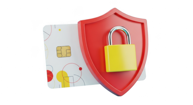 Credit card with red shield and lock icon for security concept isolated on transparent background