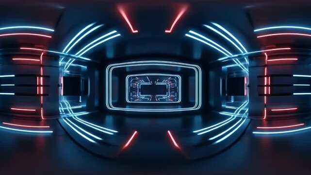 Futuristic Tunnel with Blue and Red Neon Lights in Black Interior Cyberpunk Space Interior Abstract Glow Background Sci Fi Corridor Perspective