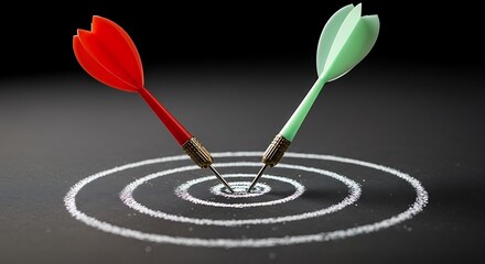 Two darts, one red and one green, stuck in the center of a target, symbolizing competition and accuracy