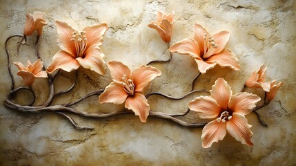 Delicate peach lilies blossom from intertwined branches against a textured wall.