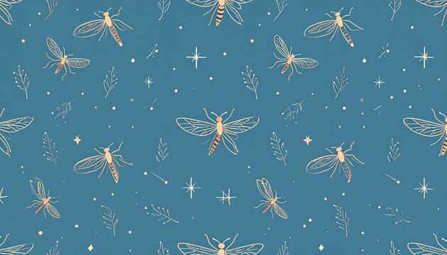 Seamless pattern of fireflies and leaves on blue background.
