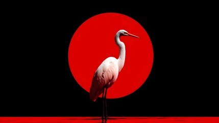 White egret stands before a bold red circle on black.