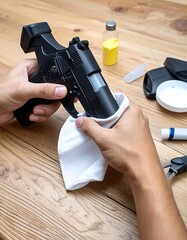 Hands cleaning a black handgun on a wooden table