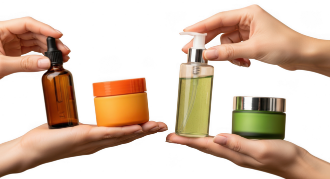 Four hands holding various skincare and beauty products isolated on transparent background