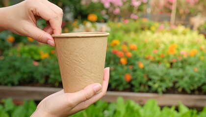 Hands holding a craft paper cup outdoors in a garden