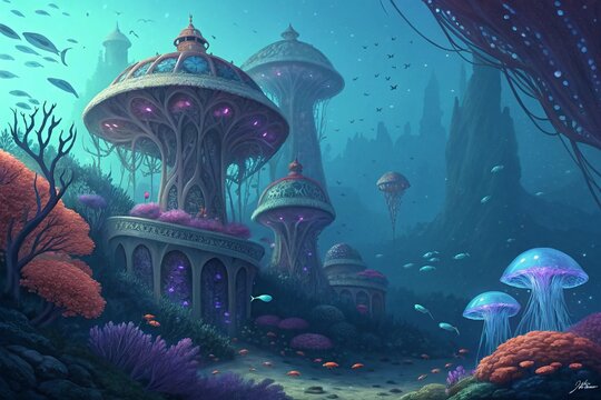antasy underwater kingdom inspired by Cnidaria forms&mdash;architecture resembling coral and jellyfish structure