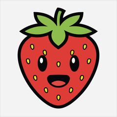 Obraz premium Cheerful Cartoon Strawberry with Smiling Face and Green Leaves Vector Illustration.
