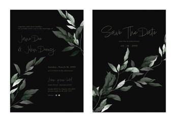 Wedding invitation and save the date template set with a minimalist design and clusters of watercolor-style green and dark grey leaves and branches framing the edges on a black background