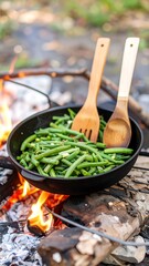 Green beans cooking over campfire